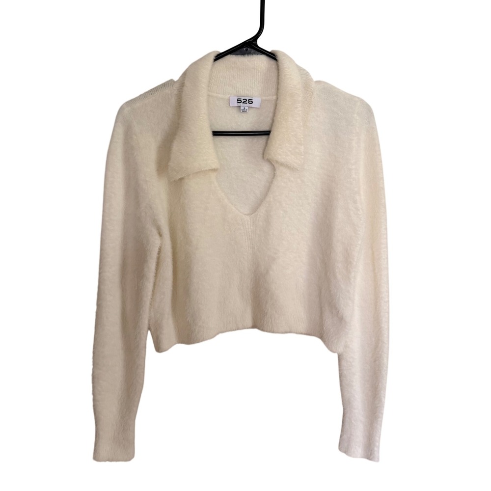 525 America Womens Ivory Fuzzy Eyelash Knit Cropped Polo Sweater V-Neck Small